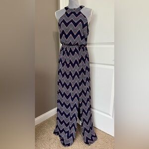 Three pink hearts maxi dress navy blue, pink & white halter neck Sz MED